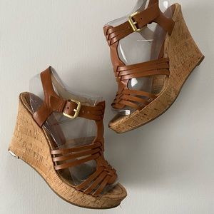 Audrey Brooke Cognac Leather Cork Wedge Sandals